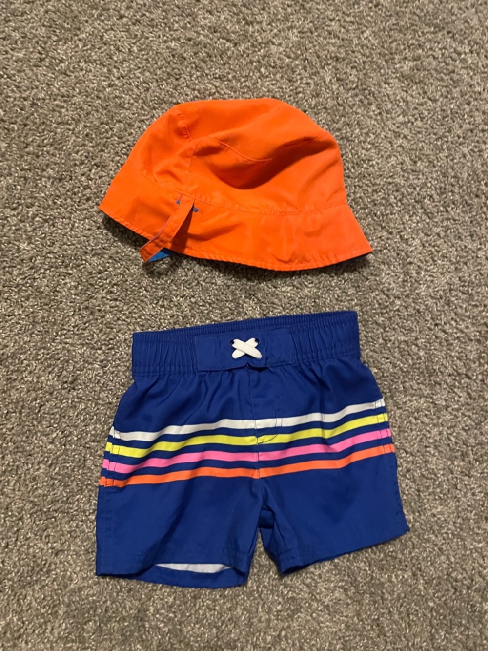 Cat & Jack Orange Bucket Hat and Blue Stripe Swim Shorts